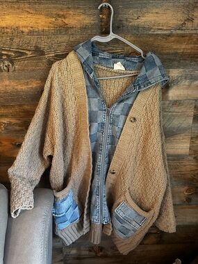 Chunky Tan Knit Cardigan with Denim checkered Patchwork Hoodie